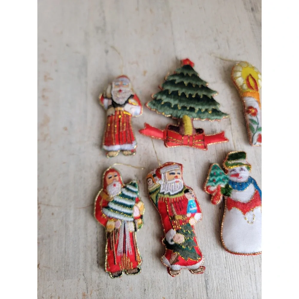 Vintage embroidered Santa Claus tree candle ornament Snowman Xmas set